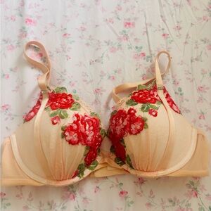 Floral Embroidered Bra - Red and Cream